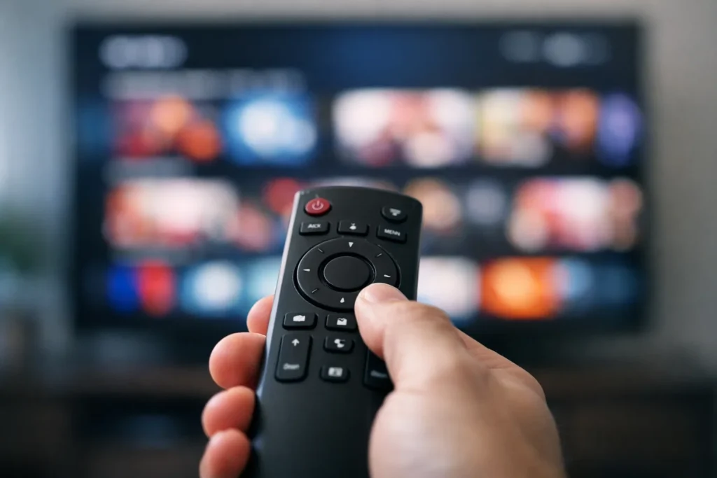 Fernbedienung steuert IPTV Streaming auf Fernseher